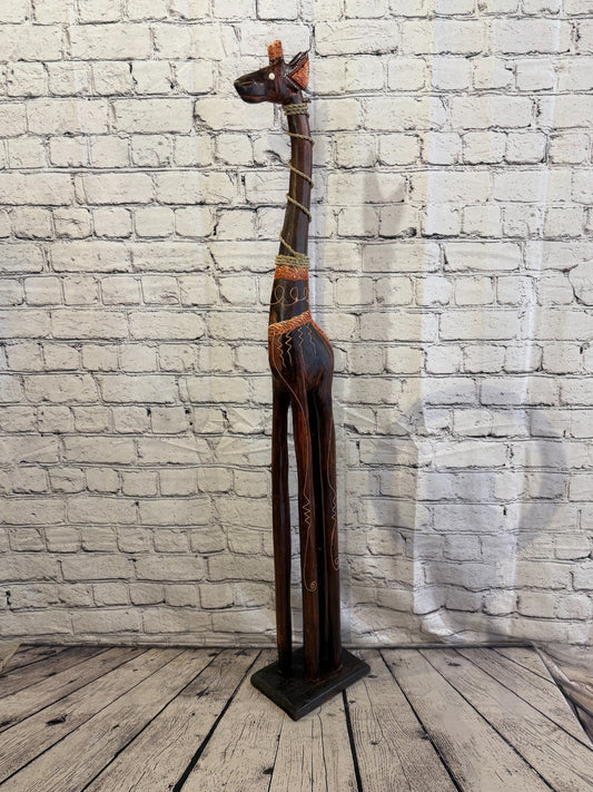 100cm Brown Wooden Giraffe Standing Single Carved Solid Wood Giraffe Handmade0