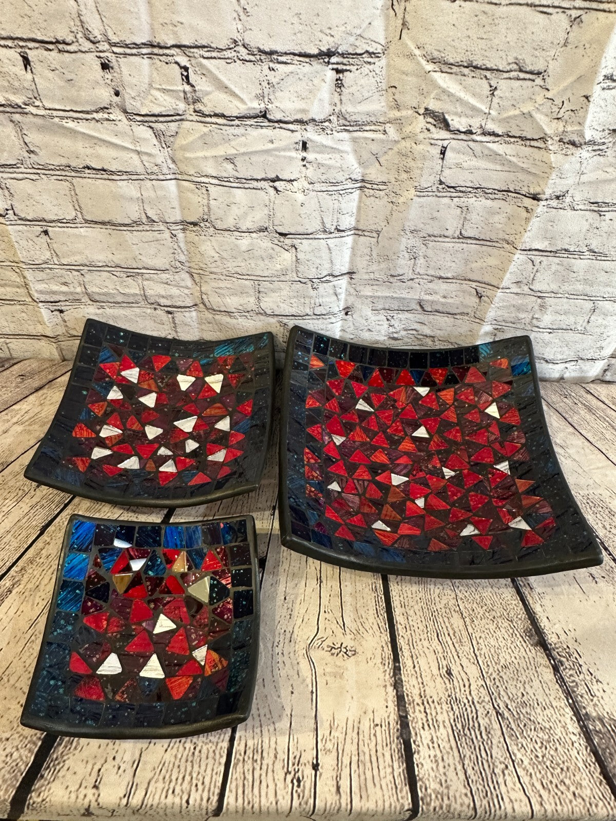 25cm Red Blue Silver Shards Square Mosaic Handmade Ceramic Glass Tile Bowl Fruit5