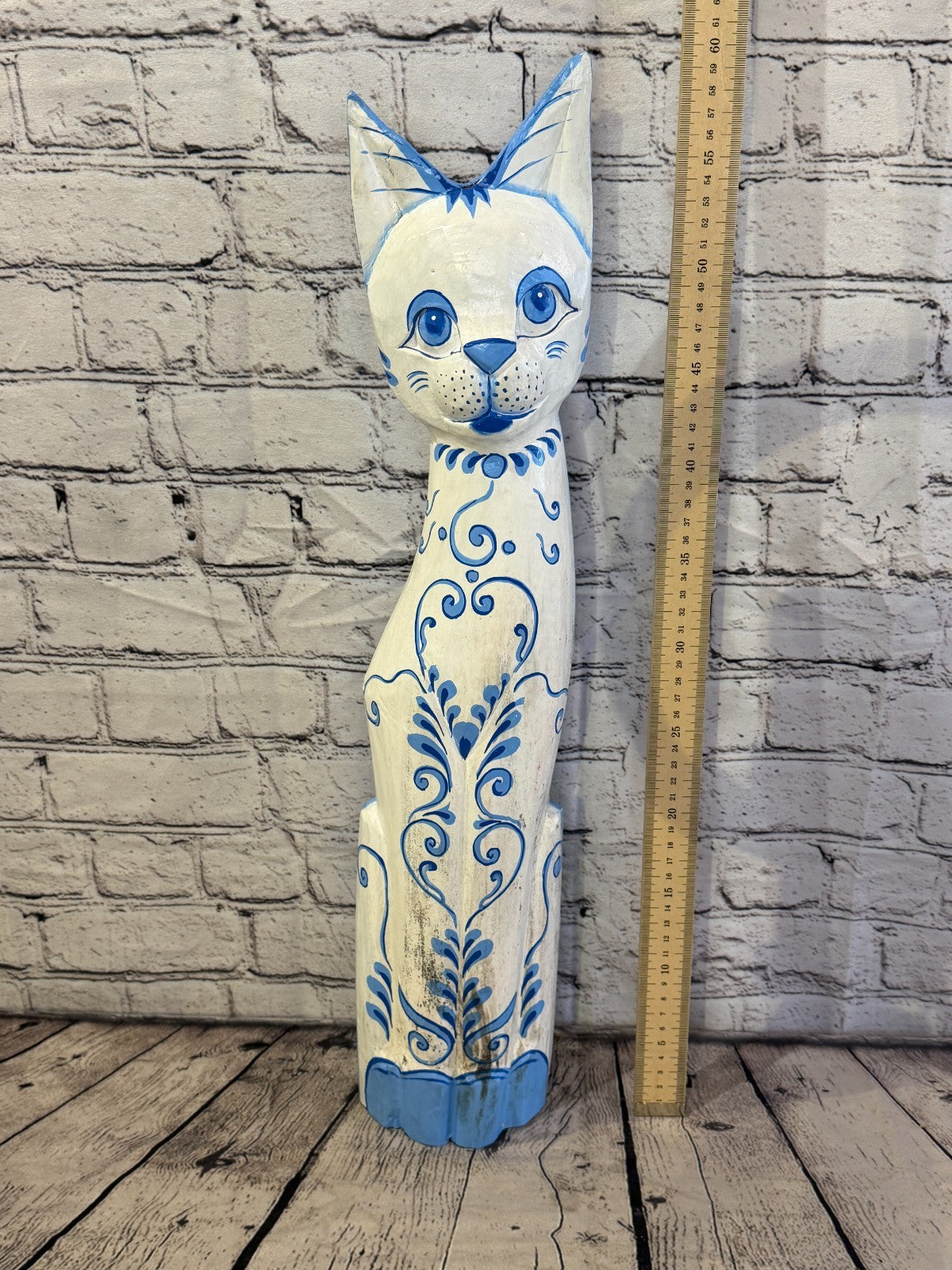60cm Blue White Flower Wooden Shabby Cat Statue Ornament Fair Trade Handcarved5