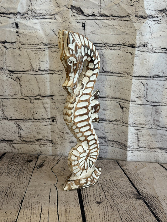 30cm Brown Wooden Shabby Seahorse Statue Ornament Fair Trade Handcarved0