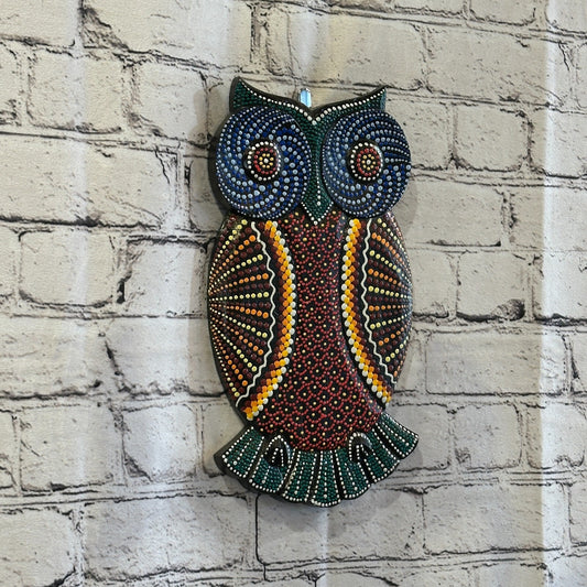 30cm Owl Carved Wooden Dot Painted Ethnic Tribal Tiki Wall Art Handmade No 10
