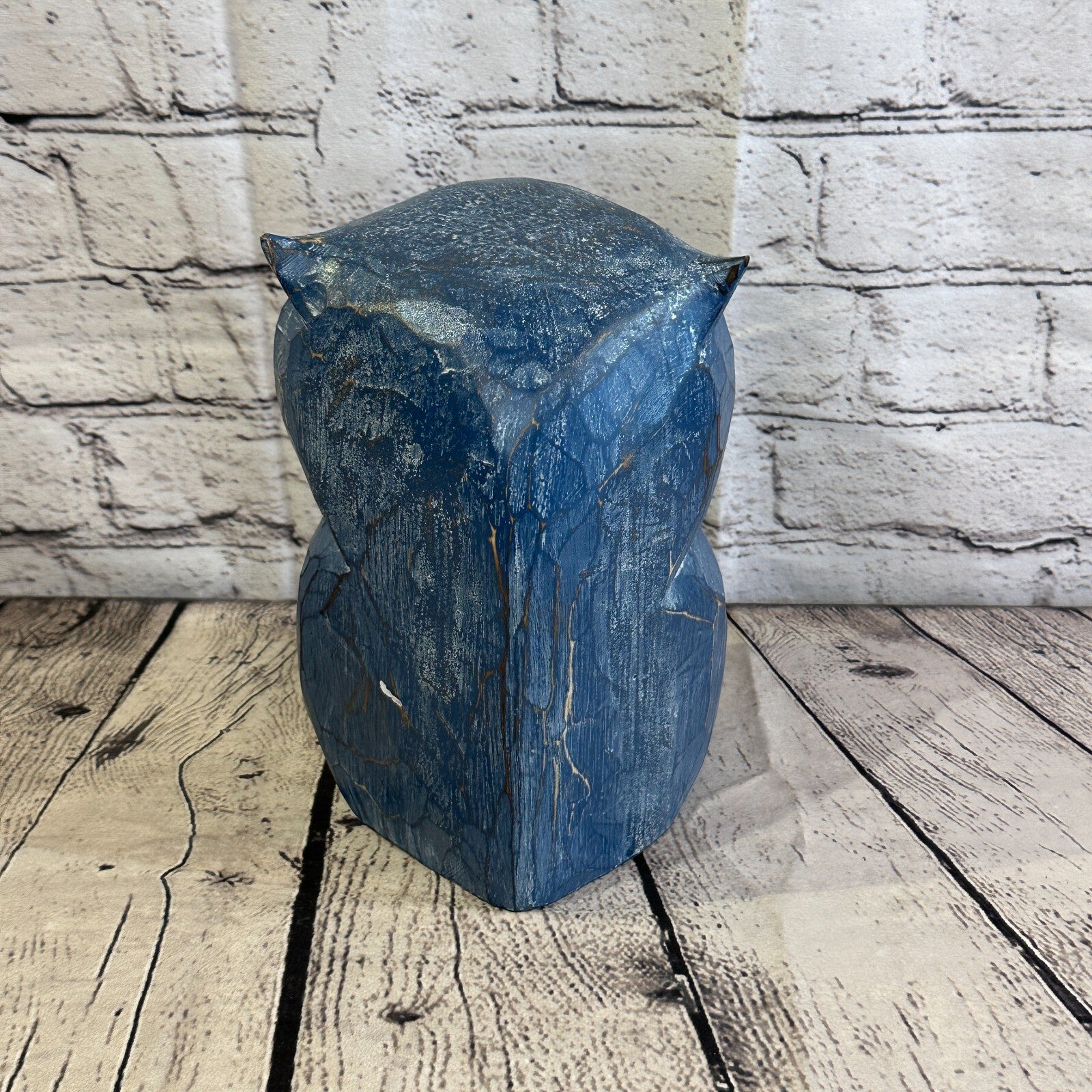 20cm x 15cm Blue Flower Wooden Shabby Owl Statue Ornament Fair Trade Handcarved5