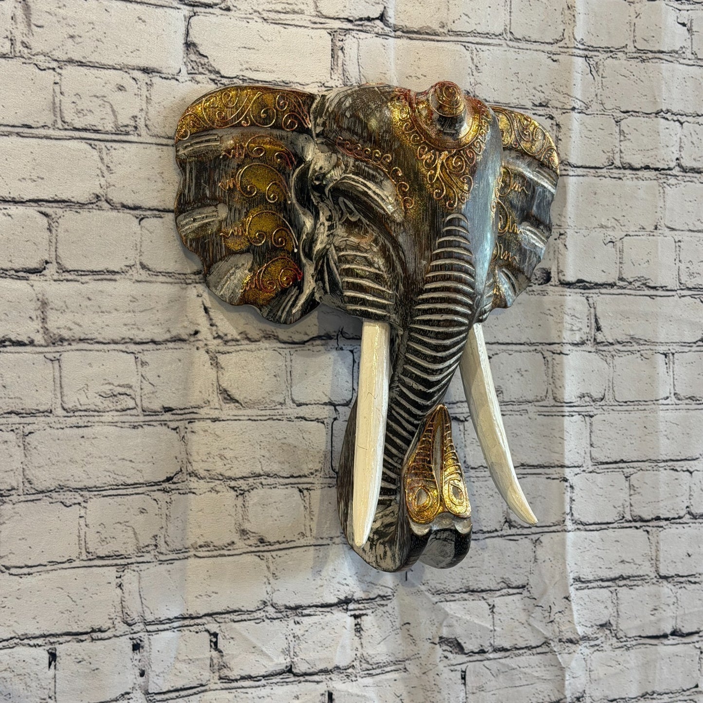 40cm x 40cm Brown Gold Painted Wood Elephant Head Wall Mounted Art Shabby0