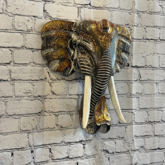 40cm x 40cm Brown Gold Painted Wood Elephant Head Wall Mounted Art Shabby0