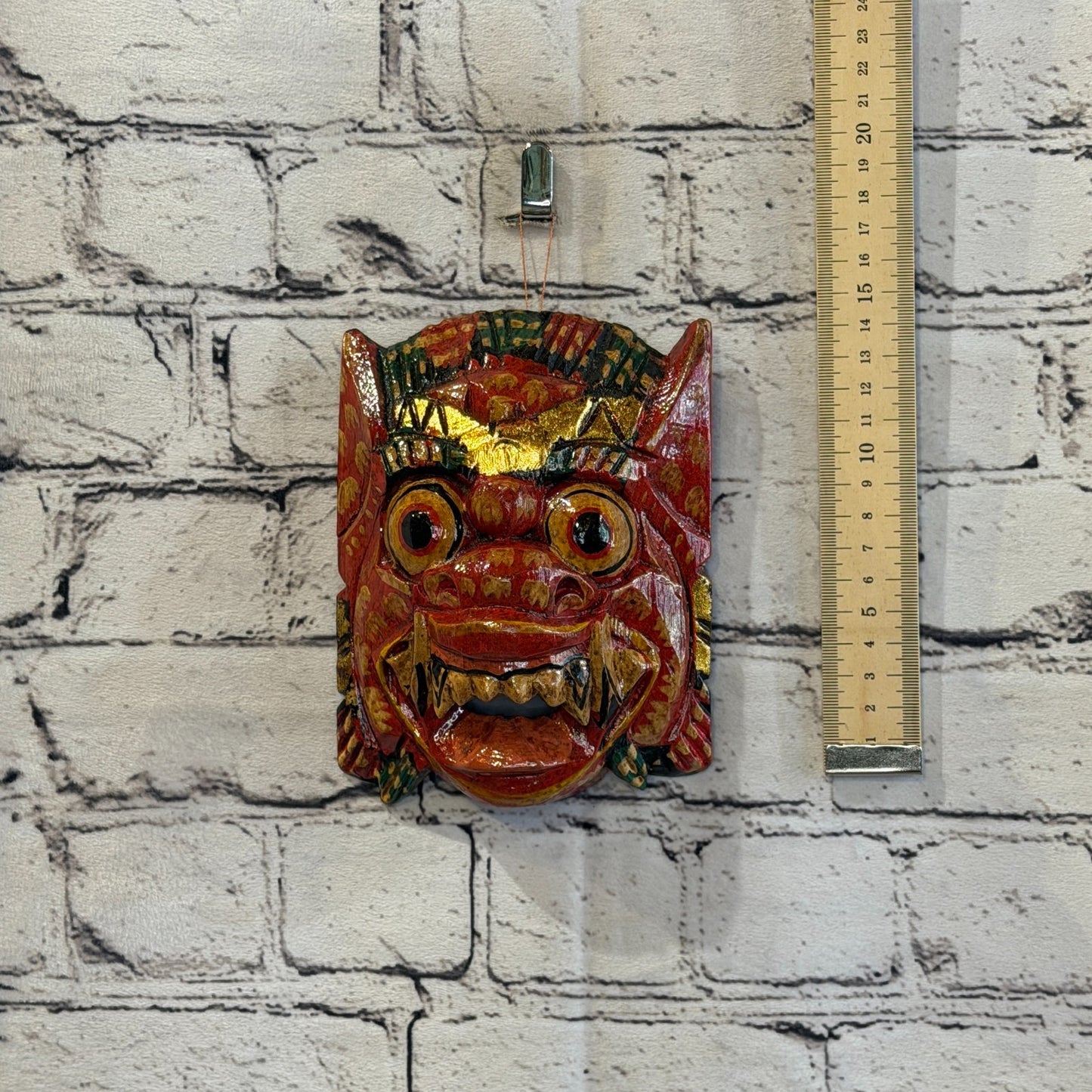 Small Wooden Red Barong Wall Mask 12cm x 12cm Handmade And Fairtrade Hindu4