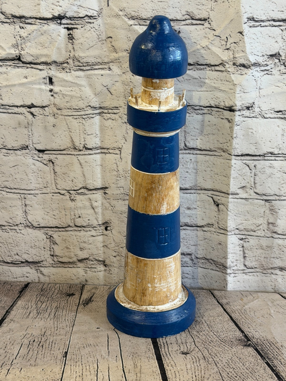 40cm Blue White Wooden Lighthouse Ornament Nautical Coastal Sculpture Statue0