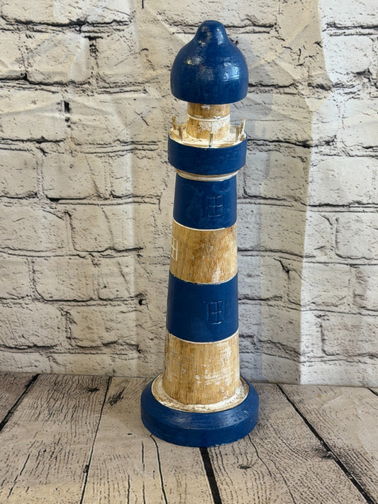 40cm Blue White Wooden Lighthouse Ornament Nautical Coastal Sculpture Statue0