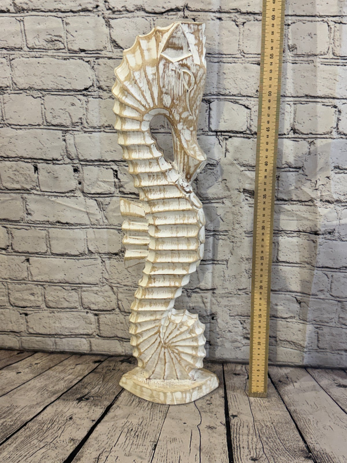60cm White Wooden Shabby Seahorse Statue Ornament Fair Trade Handcarved5