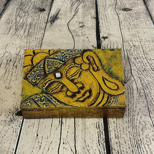 Bright Gold Thai Side Buddha Head 10cm x 15cm x 4cm Wooden Box Trinket Handmade0