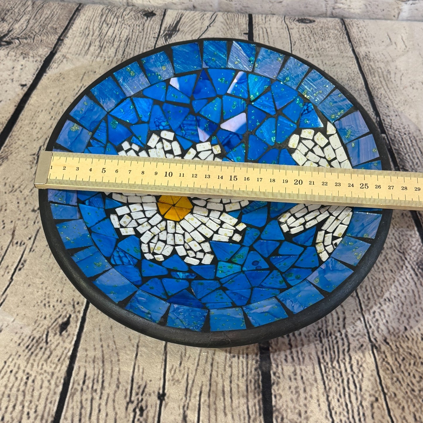 28cm Blue Daisy Flower Round Mosaic Handmade Ceramic Glass Tile Bowl Fruit1