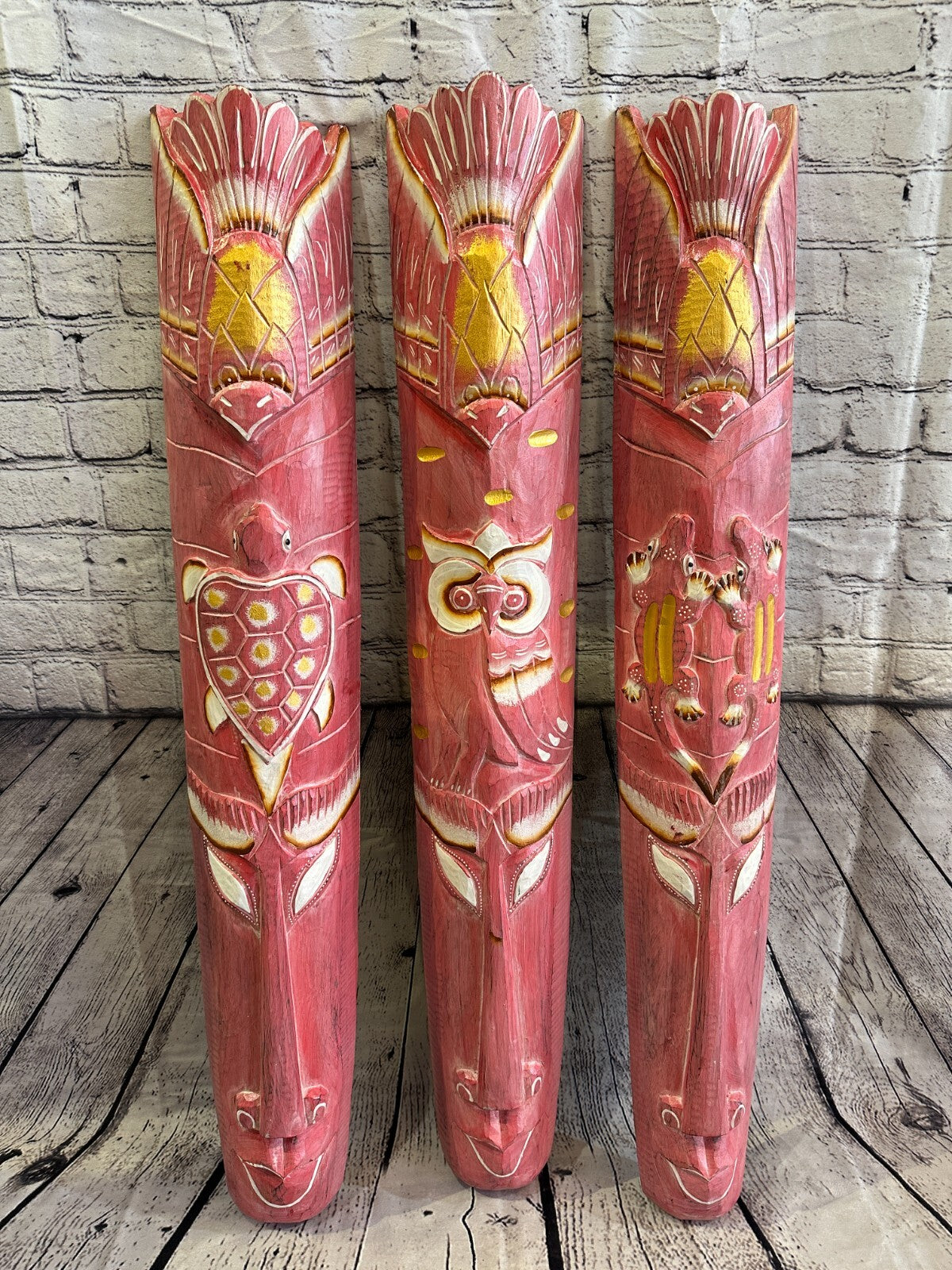 100cm Pink Gecko Hand Carved Fair Trade Wooden Animal Wall Art Hang Mask7