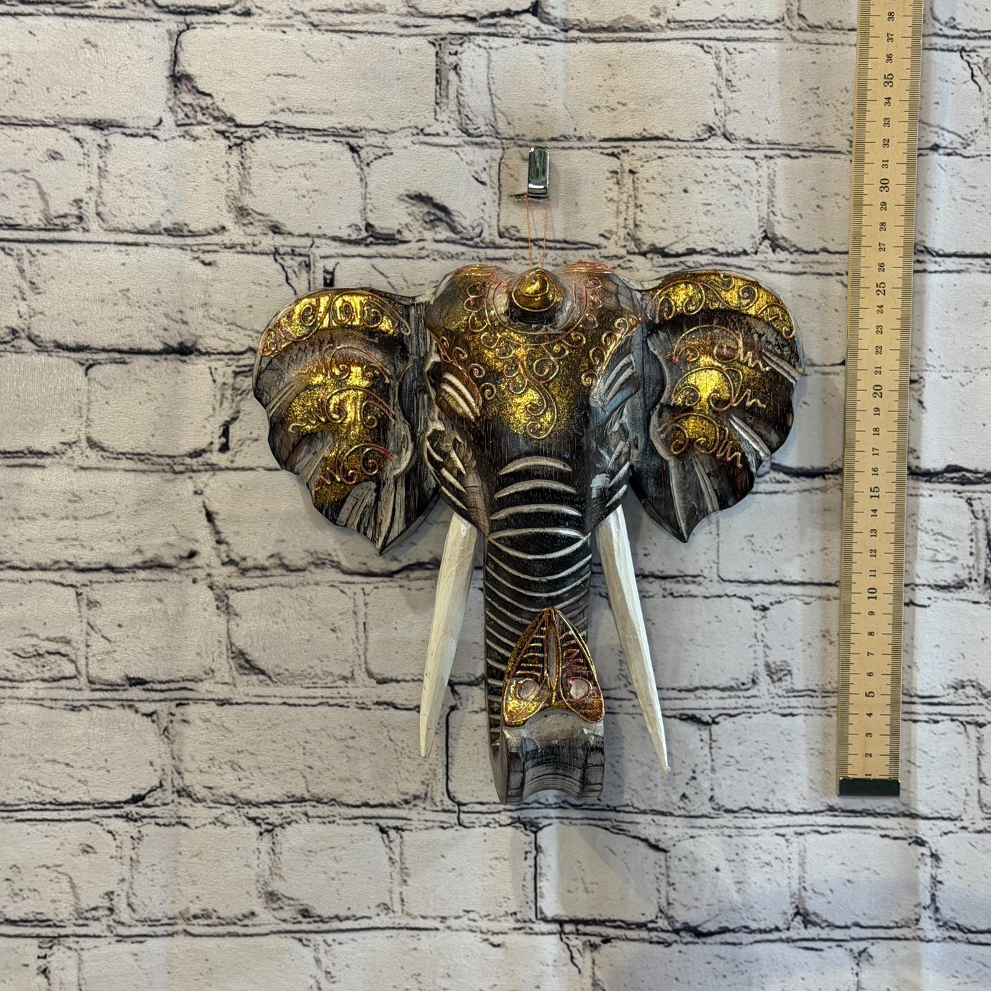 25cm x 25cm Brown Gold Painted Wood Elephant Head Wall Mounted Art Shabby4