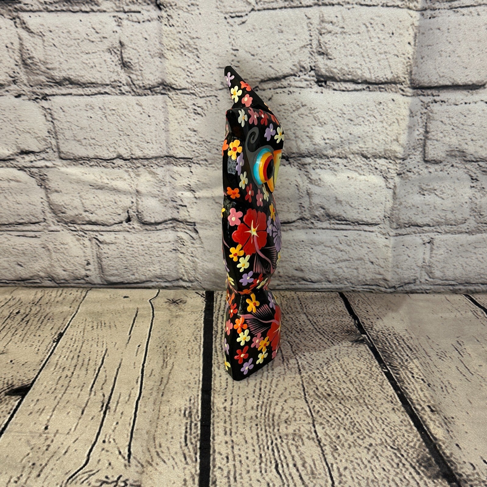 Black Large Wooden Owl With Flower Pattern 20cm x 8cm Handmade and Fairtrade3