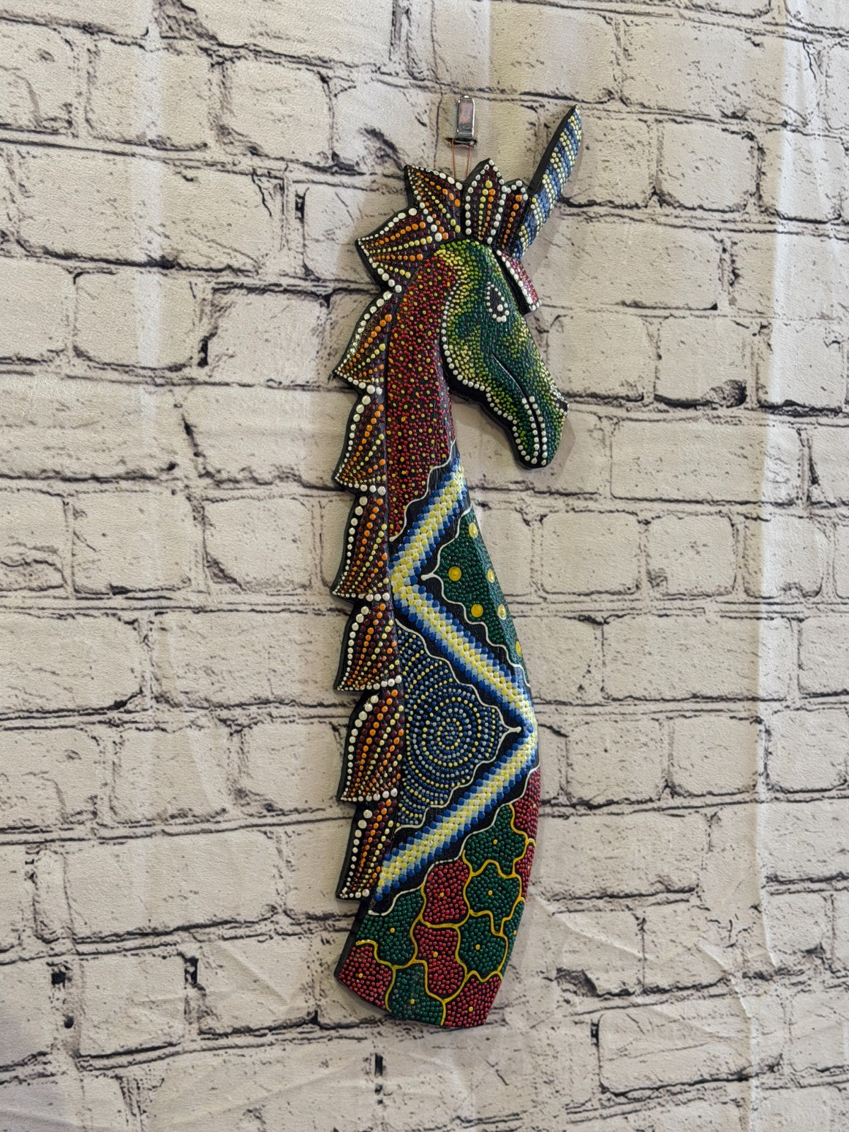 45cm Unicorn Carved Wooden Dot Painted Ethnic Tribal Tiki Wall Art No 10