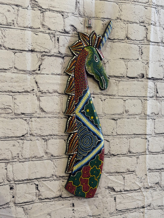 45cm Unicorn Carved Wooden Dot Painted Ethnic Tribal Tiki Wall Art No 10
