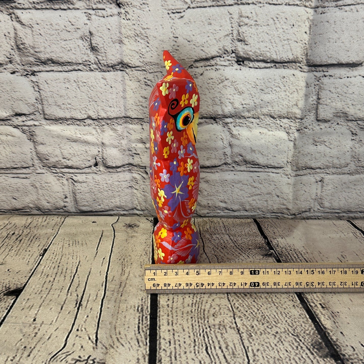 Red Large Wooden Owl With Flower Pattern 20cm x 8cm Handmade and Fairtrade7