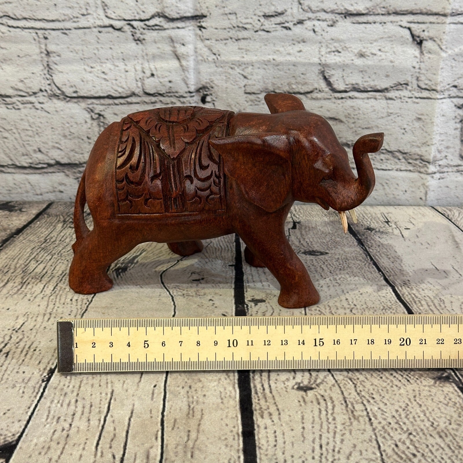 18cm x 12cm Carved Wooden Baby Elephant Wood Brown Sculpture Retro Handmade7