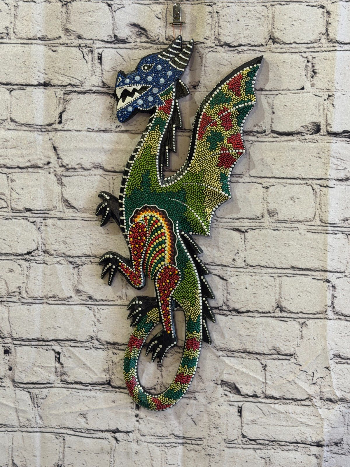 45cm Dragon Carved Wooden Dot Painted Ethnic Tribal Tiki Wall Art No 32