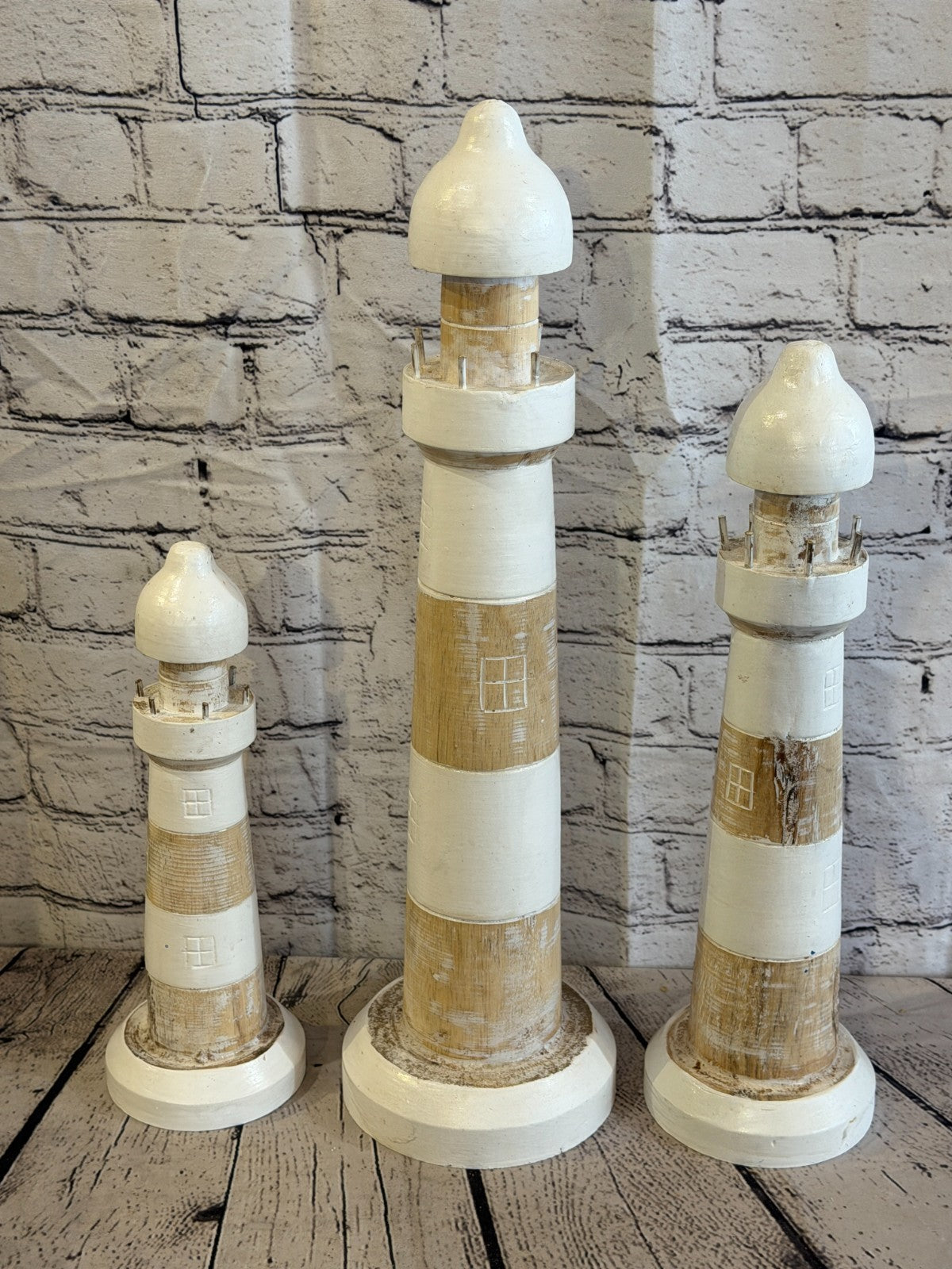 30cm Cream White Wooden Lighthouse Ornament Nautical Coastal Sculpture Statue6