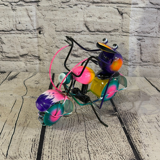 18cm x 15cm Frog Riding Motorbike Purple Metal Tin Wall Hanging Ornament Statue0