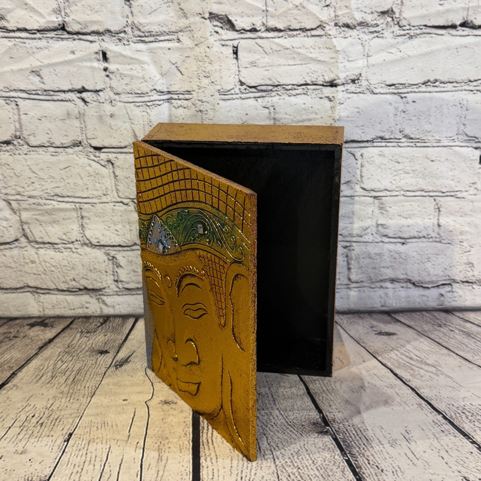 Bright Gold Thai Buddha Head Plain 25cm x 18cm x 7cm Wooden Box Trinket Handmade4