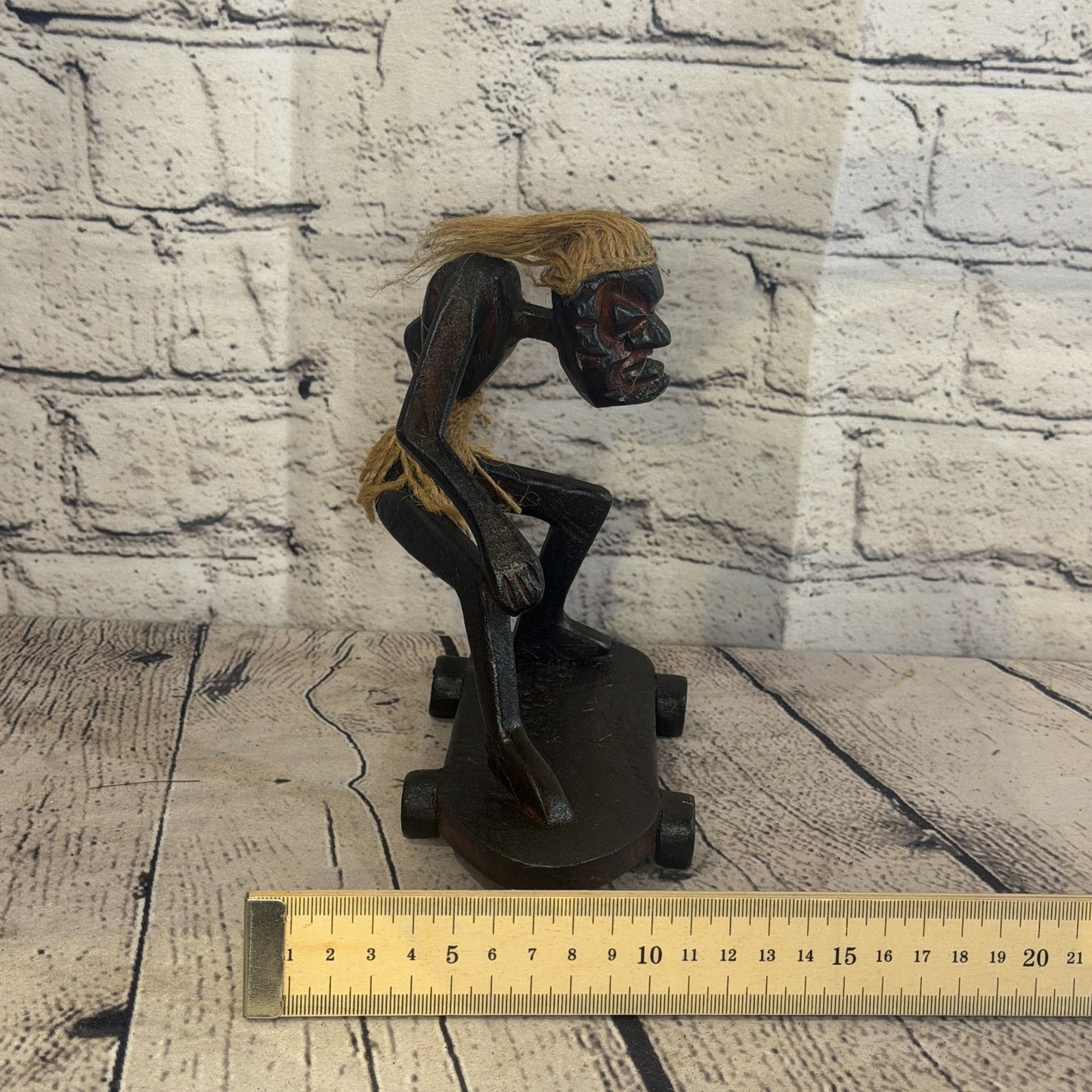 15cm Skateboard Riding African Tribal Warrior Man Figure Statue Wood Hand Carved7