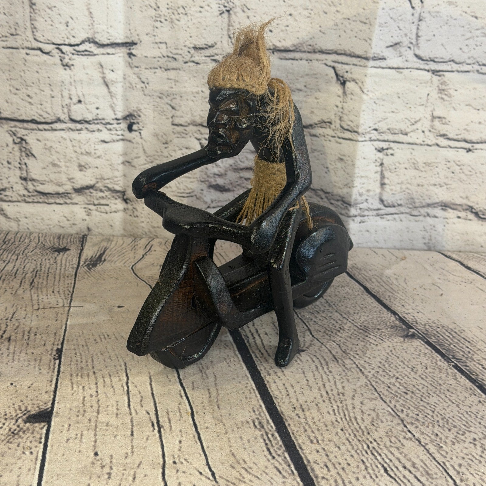 20cm Moped Rider African Tribal Warrior Man Figure Statue Wood Hand Carved0