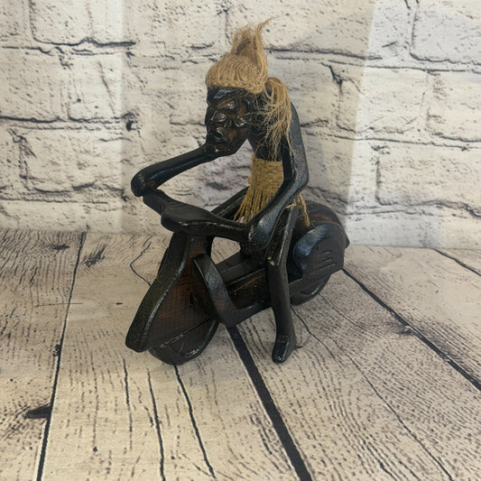20cm Moped Rider African Tribal Warrior Man Figure Statue Wood Hand Carved0