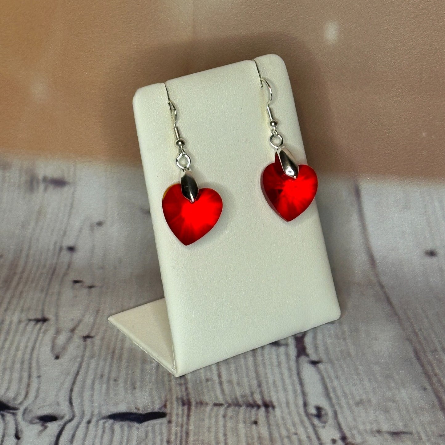 Bright Red Crystal Heart Shaped Dangle Drop Earrings Handmade UK Jewellery2