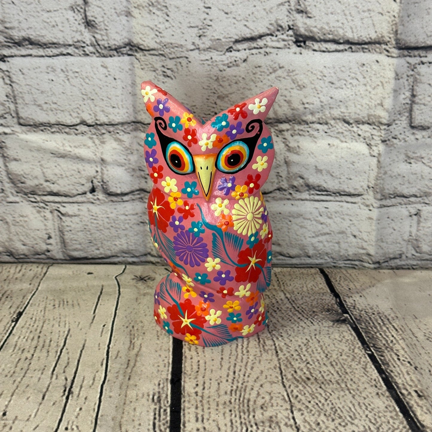 Pink Medium Wooden Owl With Flower Pattern 15cm x 8cm Handmade and Fairtrade0