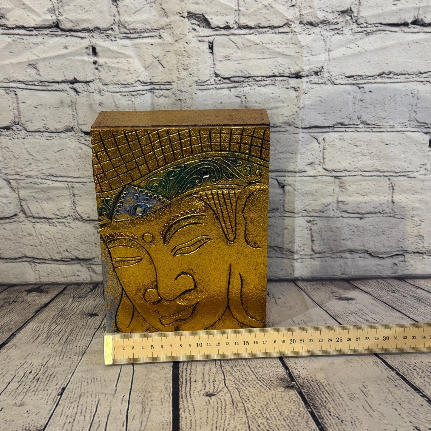 Bright Gold Thai Buddha Head Plain 25cm x 18cm x 7cm Wooden Box Trinket Handmade6