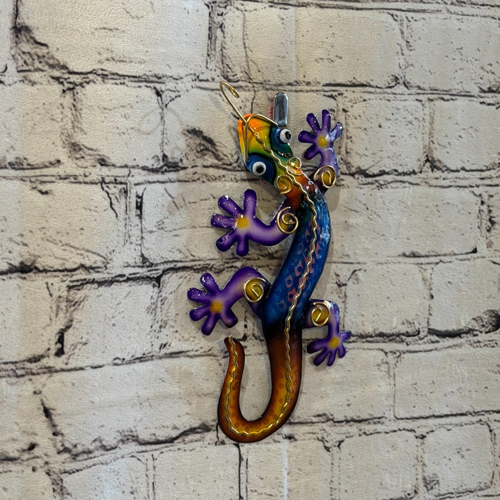 20cm x 10cm Blue Gecko Lizard Metal Tin Wall Hanging Ornament Painted Statue0