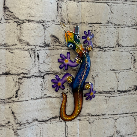 20cm x 10cm Blue Gecko Lizard Metal Tin Wall Hanging Ornament Painted Statue0