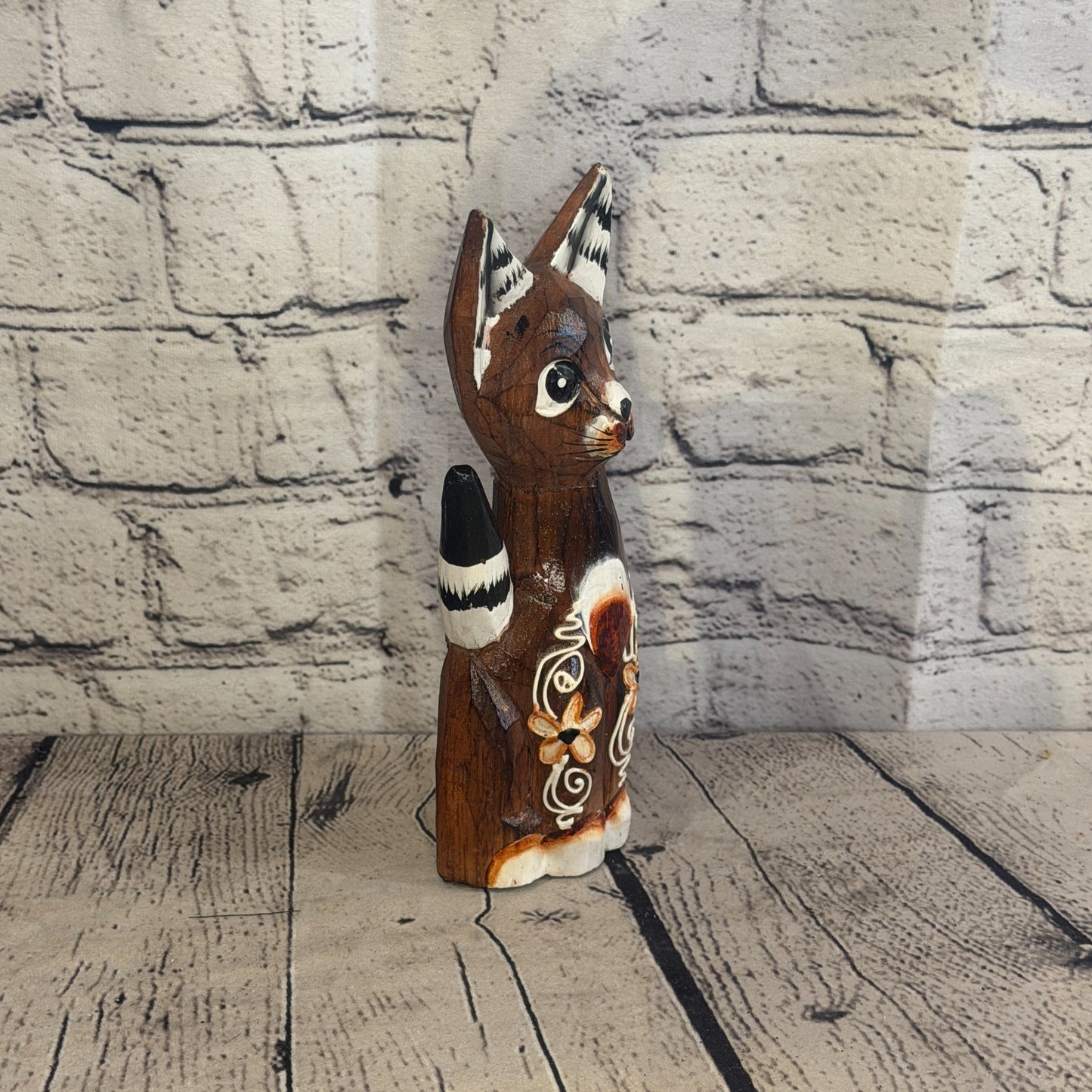 20cm Brown Flower Wooden Shabby Cat Statue Ornament Fair Trade Handcarved2