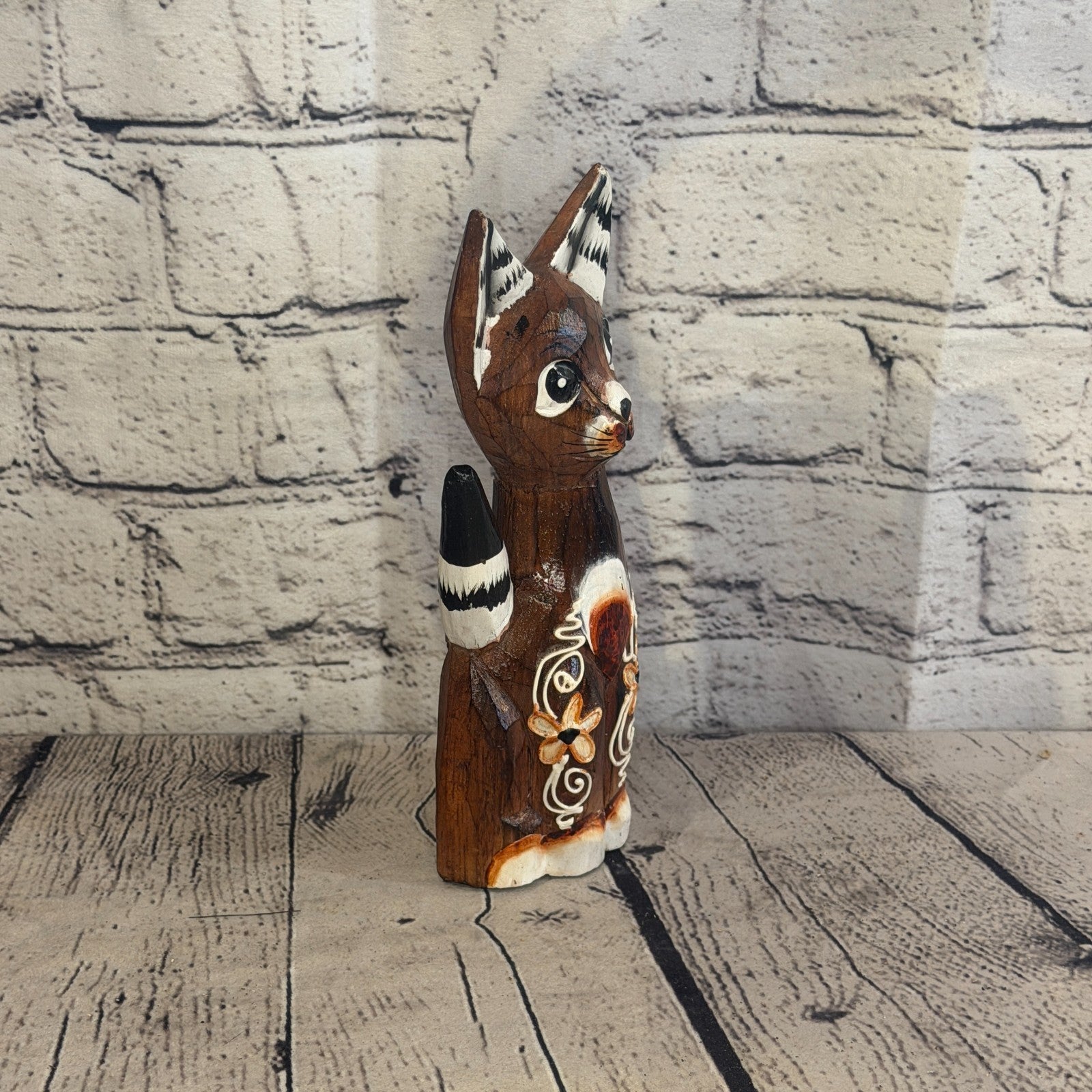 20cm Brown Flower Wooden Shabby Cat Statue Ornament Fair Trade Handcarved2