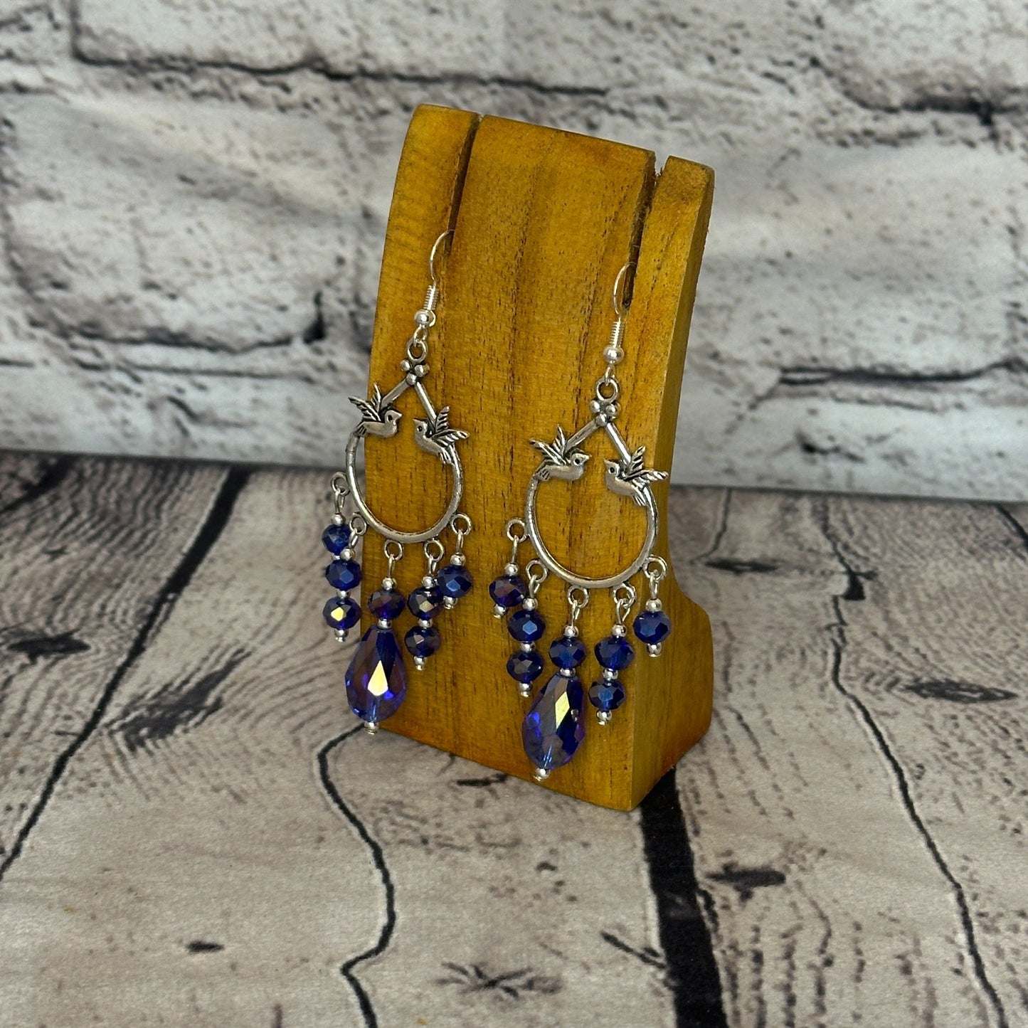 Dark Blue Drop Crystal Bird Dangle Drop Earrings Handmade UK Jewellery1