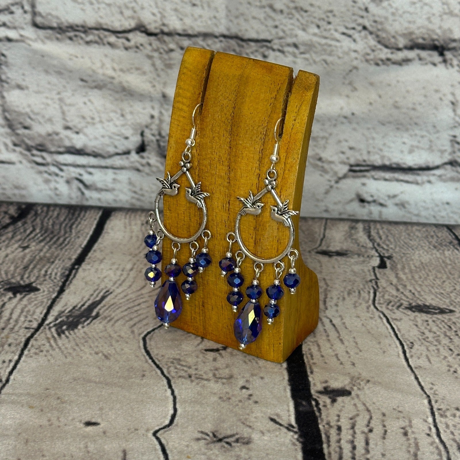 Dark Blue Drop Crystal Bird Dangle Drop Earrings Handmade UK Jewellery1