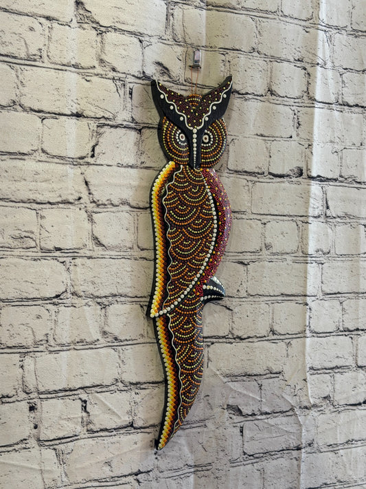 45cm Owl Bird Carved Wooden Dot Painted Ethnic Tribal Tiki Wall Art No 10