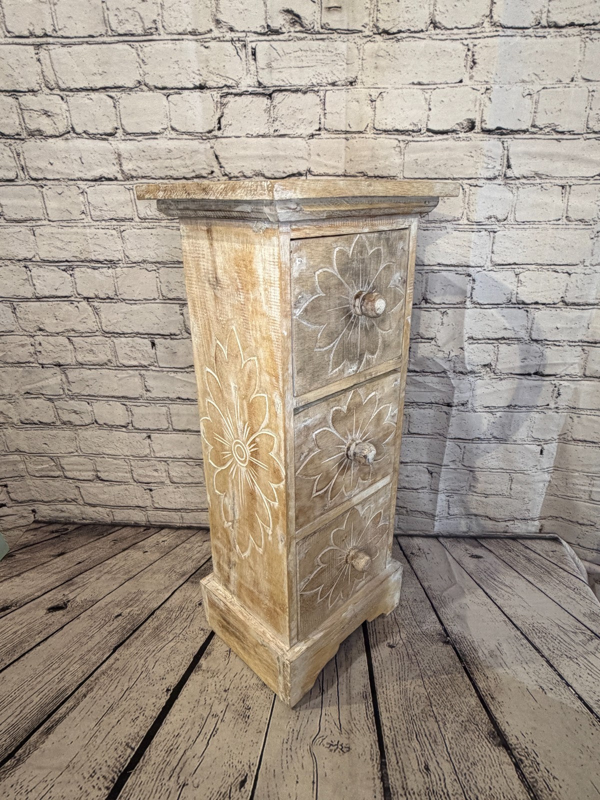 60cm x 25cm White 3 Draw Pillar Wooden Side Cabinet Living Storage Furniture2