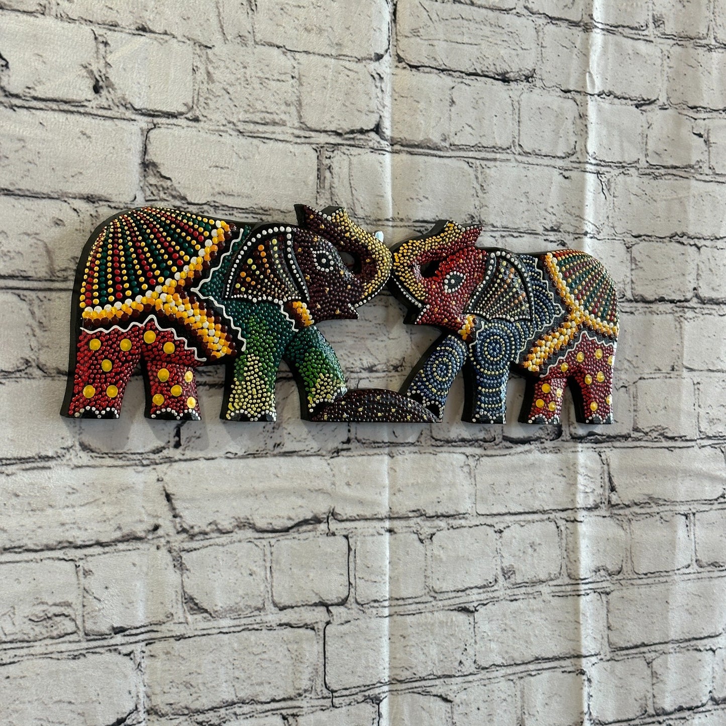 45cm 2 Elephants Carved Wooden Dot Painted Ethnic Tribal Tiki Wall Handmade No 11