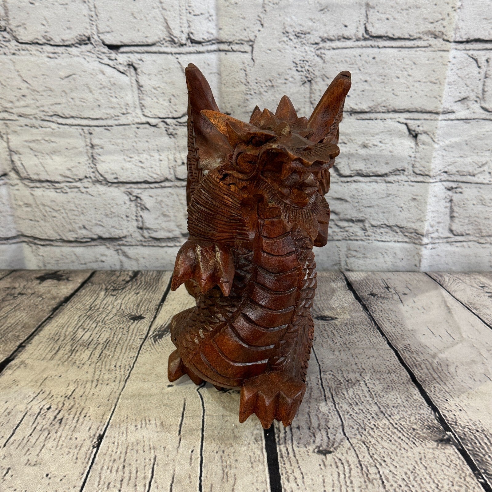 20cm x 20cm Dark Wooden Standing Dragon Carving Hand Carved Wing Back Dragon2