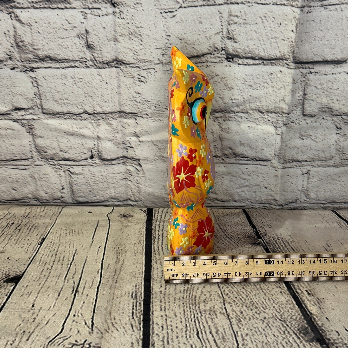 Orange Large Wooden Owl With Flower Pattern 20cm x 8cm Handmade and Fairtrade7