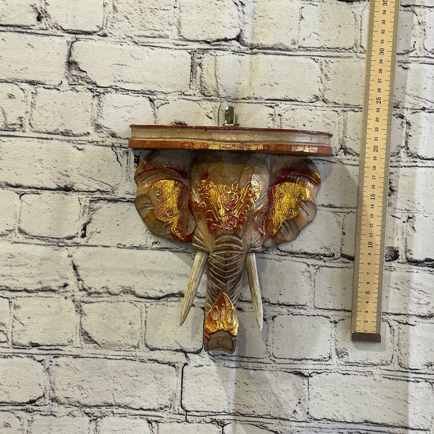 20cm x 20cm Brown Gold Shelf Wood Elephant Head Wall Mounted Art Large Shabby3