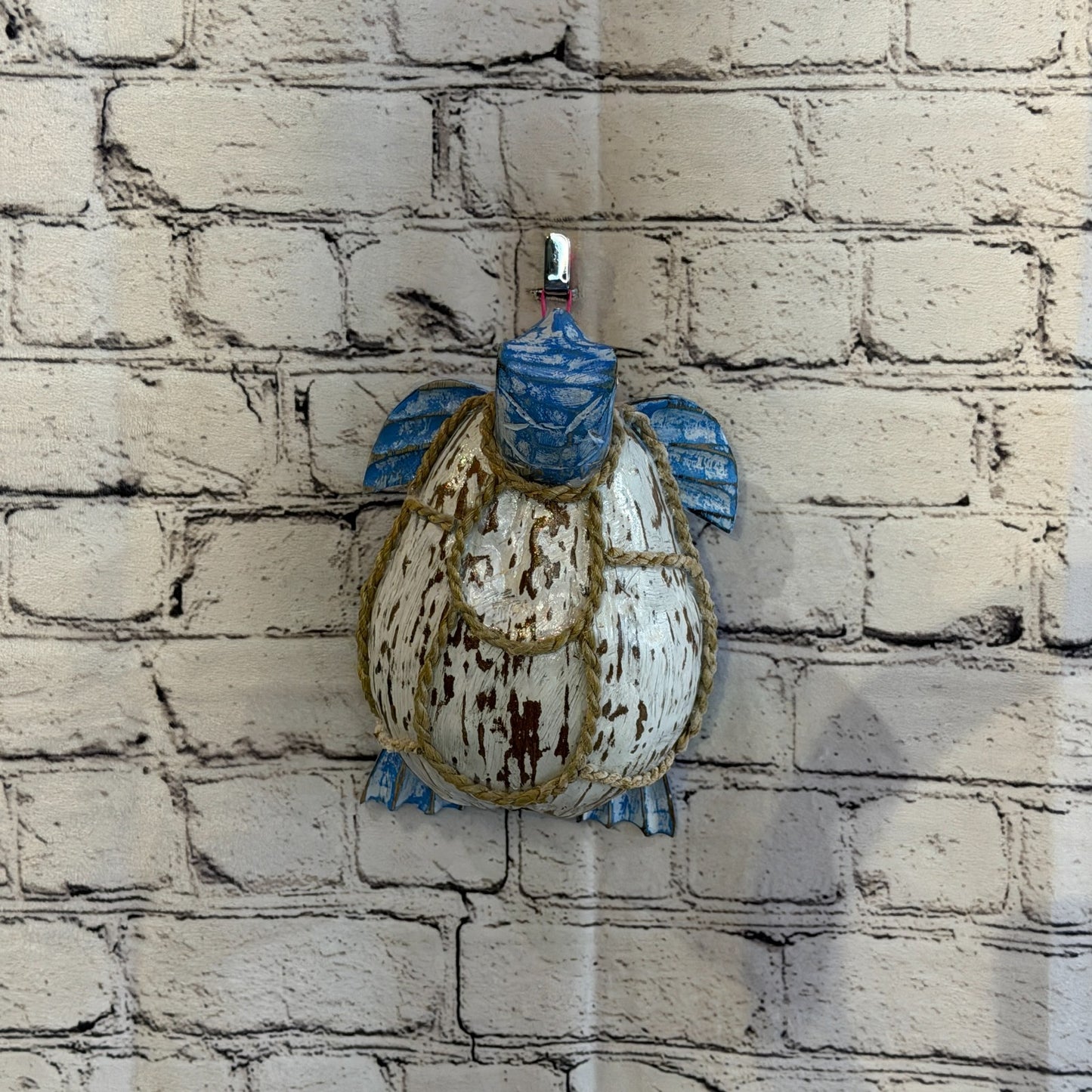 White Body Blue Folk Art Painted Turtle Coconut Shell Ornaments Hanging Decor11