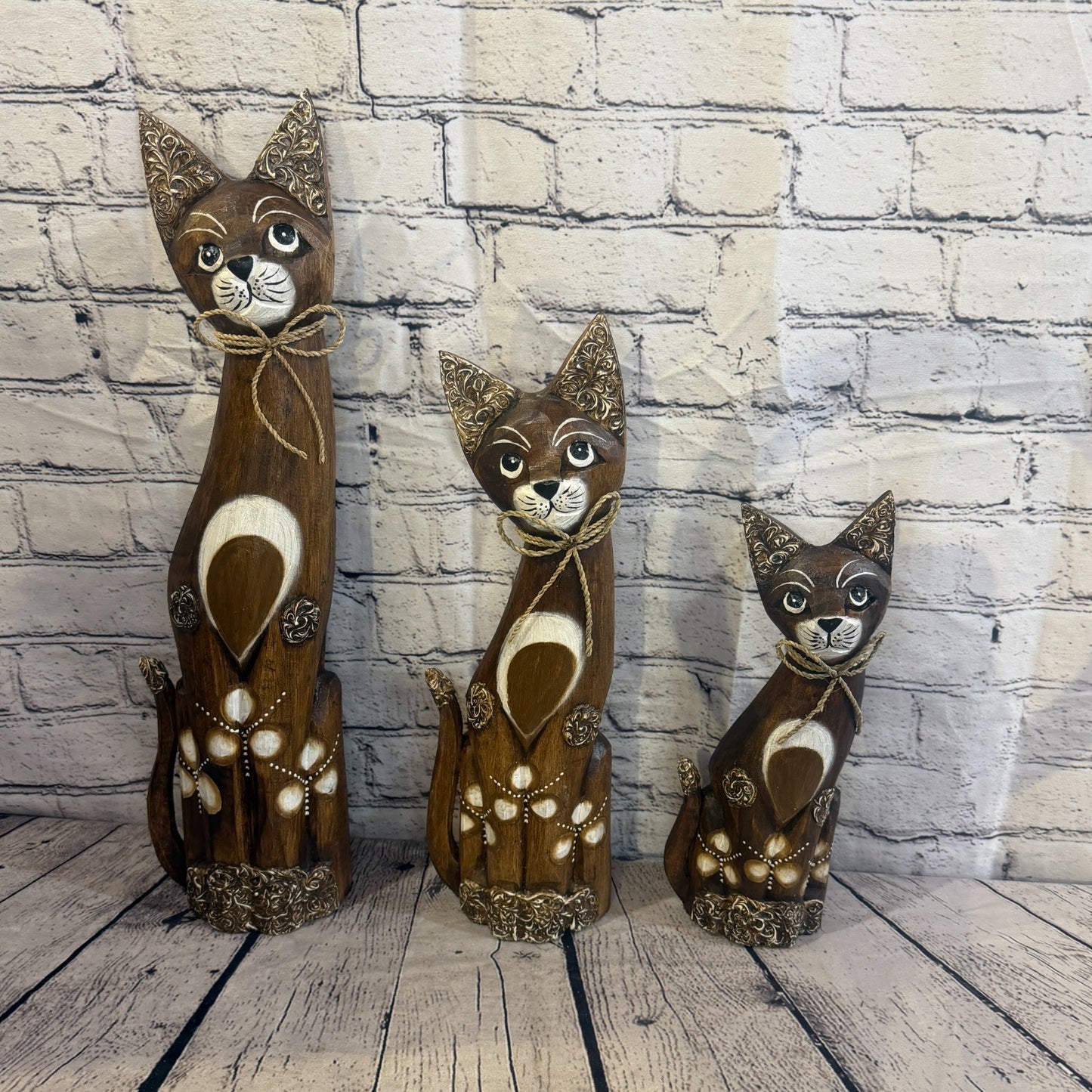 50cm Brown Silver Dots Wooden Shabby Cat Statue Ornament Fair Trade Handcarved8