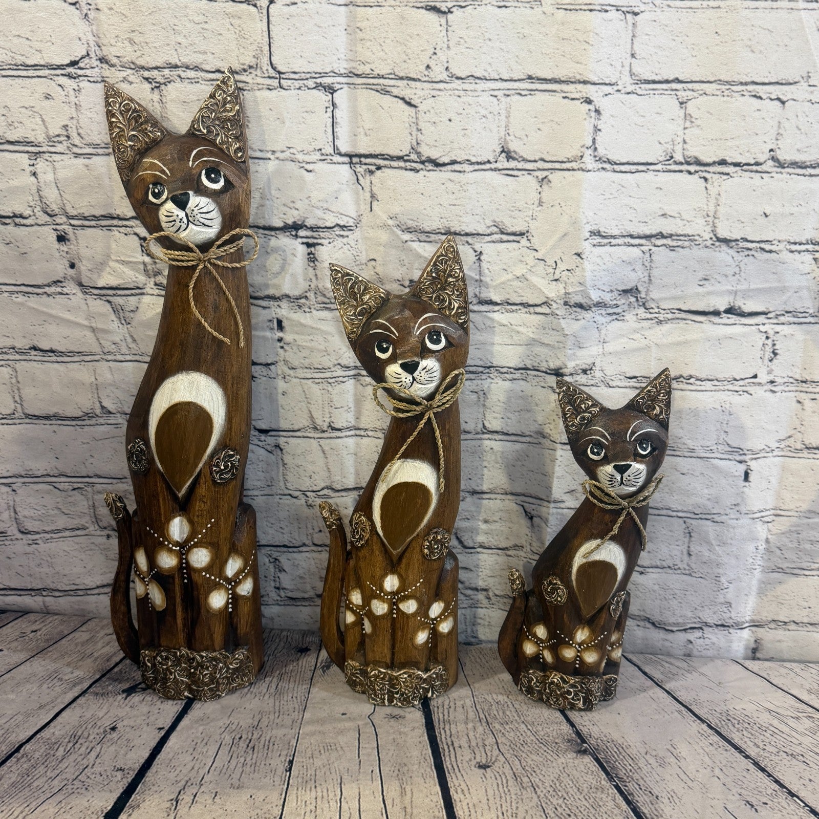 50cm Brown Silver Dots Wooden Shabby Cat Statue Ornament Fair Trade Handcarved8
