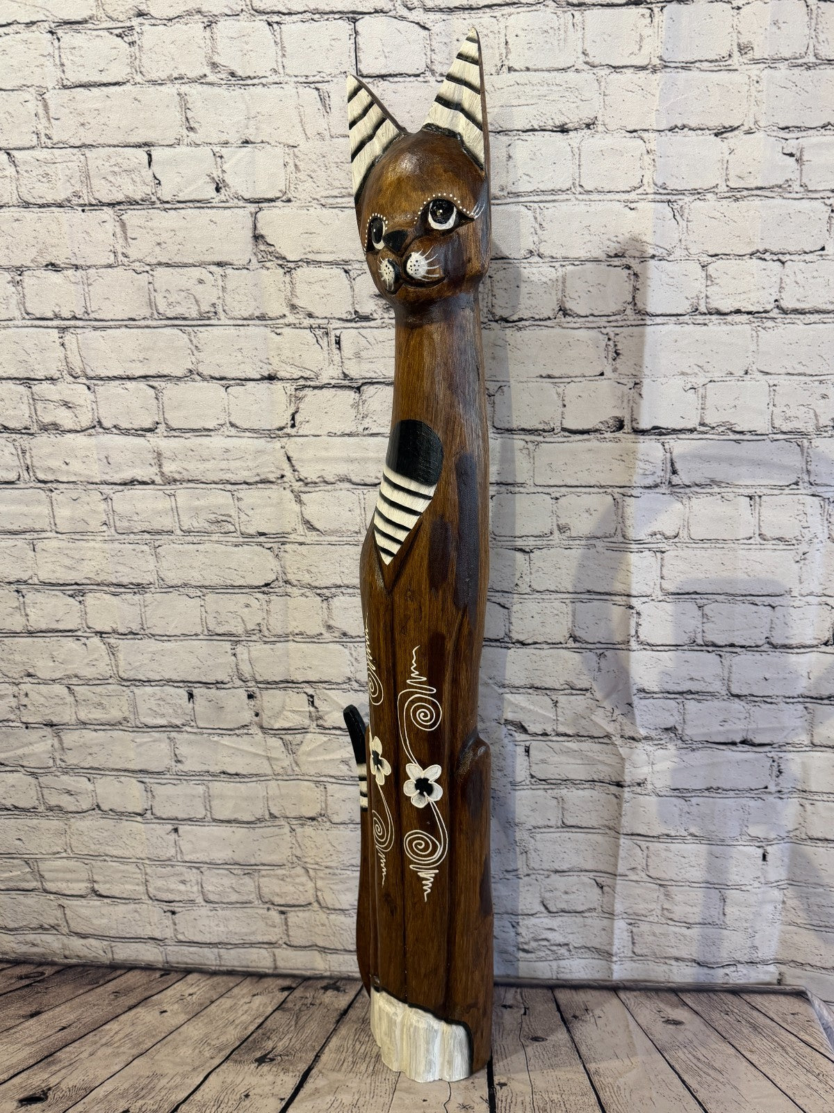 100cm Brown Flower Wooden Shabby Cat Statue Ornament Fair Trade Handcarved1