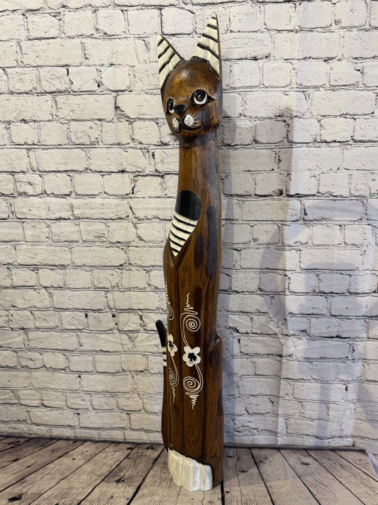 100cm Brown Flower Wooden Shabby Cat Statue Ornament Fair Trade Handcarved1