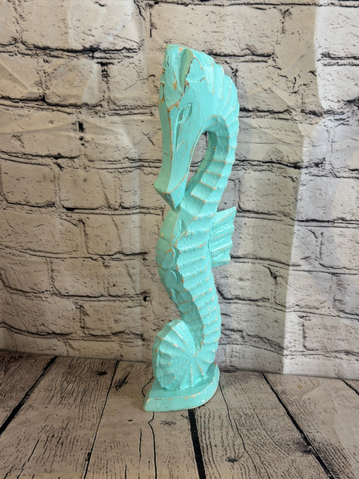 40cm Green Teal Wooden Shabby Seahorse Statue Ornament Fair Trade Handcarved0