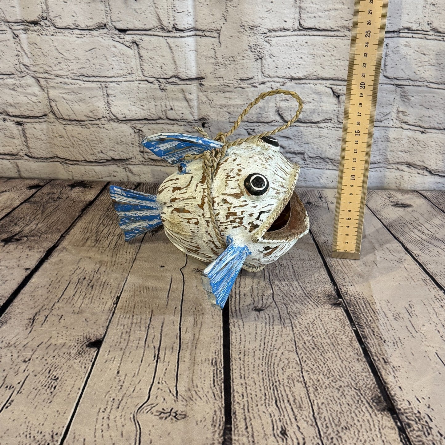 White Blue Fins Folk Art Painted Shark Fish Coconut Shell Ornaments Hanging5